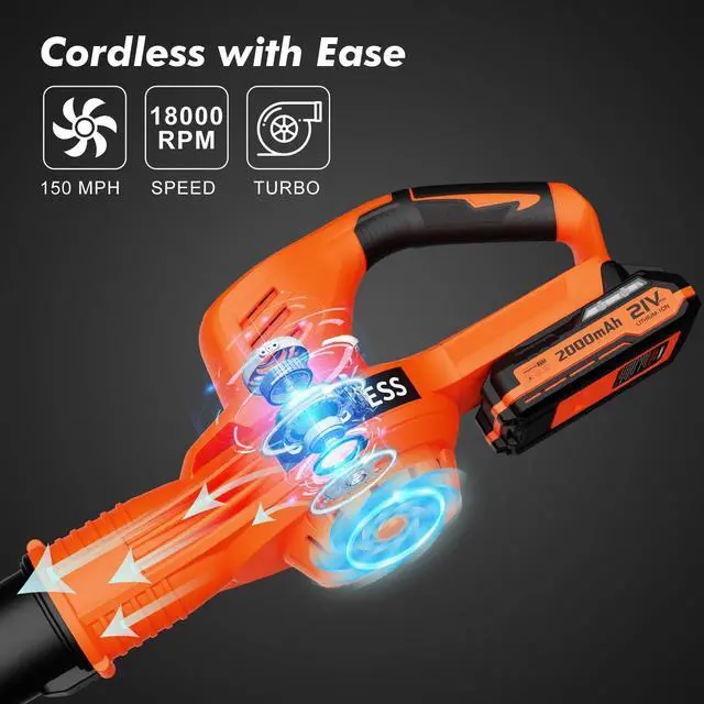Alt view image 4 of 7 - Leaf Blower Cordless - 21V Powerful Electric Leaf Blower with 2 Batteries and Charger, 2 Speed Modes, 2.0Ah Lightweight Battery Powered Leaf Blowers for Lawn Care, Patio, Dust, Blowing Leaves