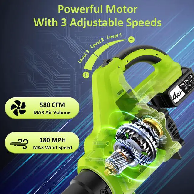 Alt view image 4 of 6 - Cordless Leaf Blower with 2 x 4.0Ah Batteries and Fast Charger, 20V Lightweight Handheld Electric Blower, 3-Speed Battery Powered Blower for Patio, Driveway, Lawn Care, Dry Leaves and Light Debris