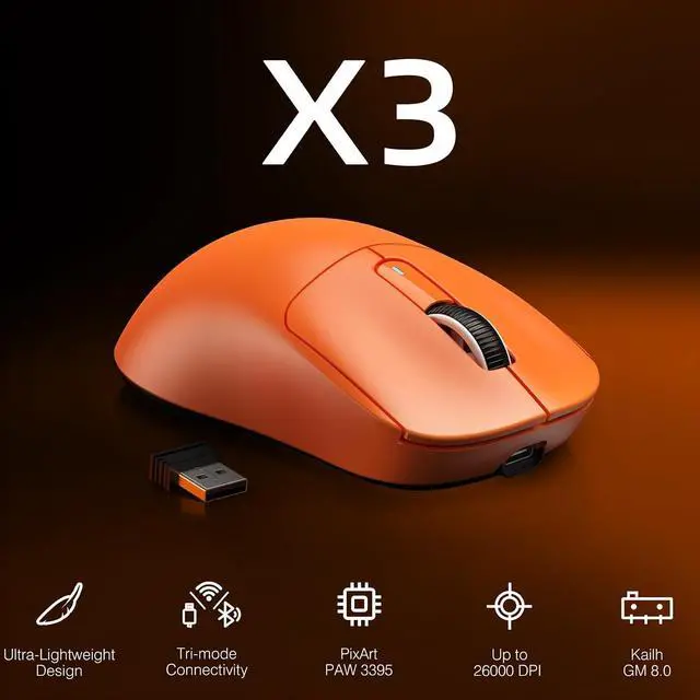 Alt view image 2 of 6 - ATTACK SHARK X3 Lightweight Tri-Mode Wireless Gaming Mouse, 2.4G Bluetooth USB-C Wired, PAW3395 Sensor, 26K DPI, Kailh GM8.0 Switch, 5 Programmable Buttons for PC & Mac White Orange