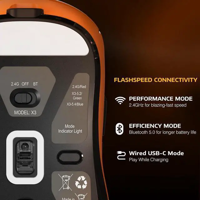 Alt view image 3 of 6 - ATTACK SHARK X3 Lightweight Tri-Mode Wireless Gaming Mouse, 2.4G Bluetooth USB-C Wired, PAW3395 Sensor, 26K DPI, Kailh GM8.0 Switch, 5 Programmable Buttons for PC & Mac White Orange