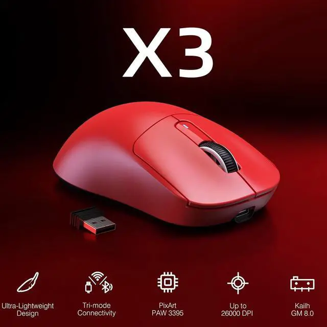 Alt view image 2 of 7 - ATTACK SHARK X3 Lightweight Tri-Mode Wireless Gaming Mouse, 2.4G Bluetooth USB-C Wired, PAW3395 Sensor, 26K DPI, Kailh GM8.0 Switch, 5 Programmable Buttons for PC & Mac White Red
