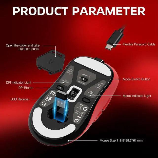 Alt view image 7 of 7 - ATTACK SHARK X3 Lightweight Tri-Mode Wireless Gaming Mouse, 2.4G Bluetooth USB-C Wired, PAW3395 Sensor, 26K DPI, Kailh GM8.0 Switch, 5 Programmable Buttons for PC & Mac White Red