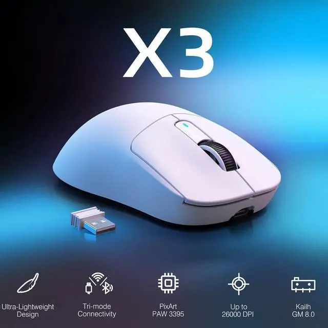 Alt view image 2 of 6 - ATTACK SHARK X3 Lightweight Tri-Mode Wireless Gaming Mouse, 2.4G Bluetooth USB-C Wired, PAW3395 Sensor, 26K DPI, Kailh GM8.0 Switch, 5 Programmable Buttons for PC & Mac White