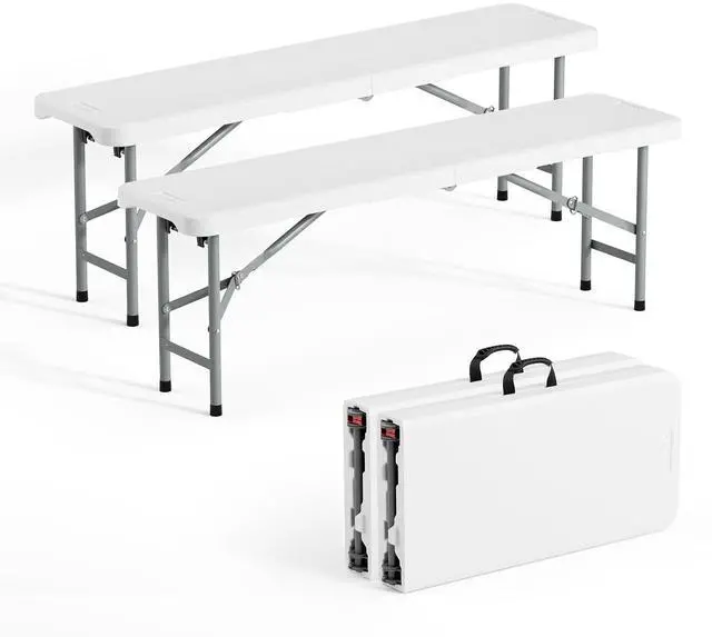 Main image of 4 feet Plastic Folding Bench,Portable in/Outdoor Picnic Party Camping Dining Seat, Garden Soccer Multipurpose Entertaining Activities, Smooth HDPE Tabletop (2, White, 4ft)