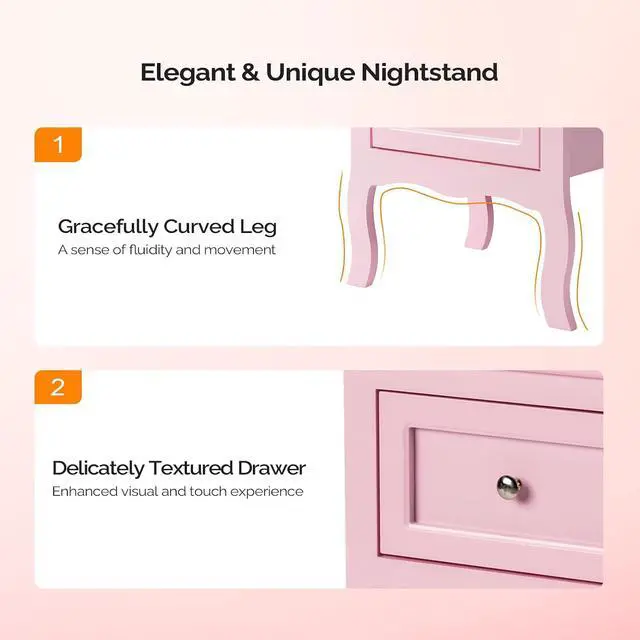 Alt view image 4 of 7 - Bonnlo Nightstand with 2 Drawers, Night Stands for Bedrooms, Small Bed Side Table/White Night Stand with Drawers for Small Spaces, College Dorm, Kids Room, Living Room, French, 16W x 12D x 24H, Pink
