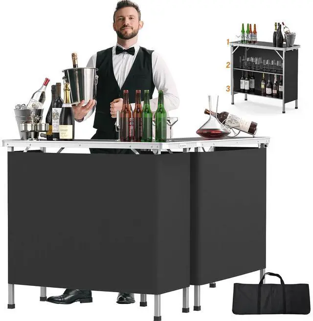 Main image of 39" Portable Bar Table, 3-Tier Shelves, Mobile Bar Table for Events, Party, Camping, Picnic, Tradeshow, Indoor with Black Skirt(1 Pack) (2, 39")