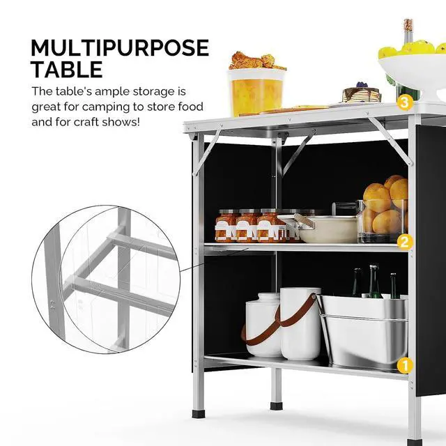 Alt view image 3 of 7 - 39" Portable Bar Table, 3-Tier Shelves, Mobile Bar Table for Events, Party, Camping, Picnic, Tradeshow, Indoor with Black Skirt(1 Pack) (2, 39")