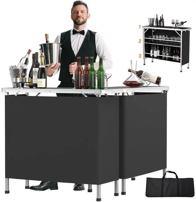 Main image of 43" Portable Bar Table, 3-Tier Shelves, Mobile Bar Table for Events, Party, Camping, Picnic, Tradeshow, Indoor with Black Skirt (2, 43")