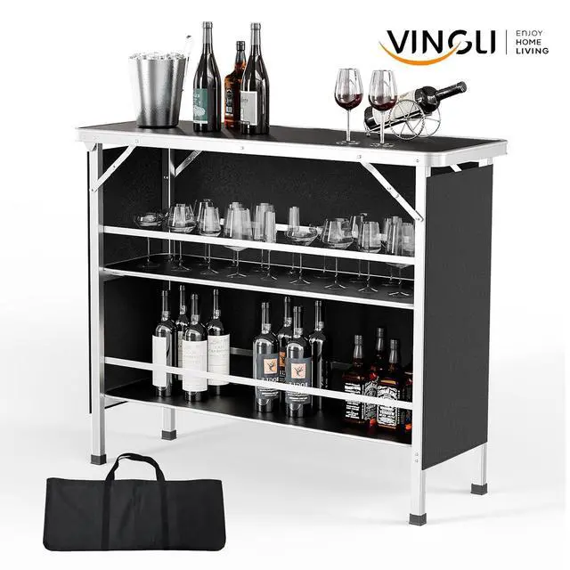 Alt view image 3 of 7 - 43" Portable Bar Table, 3-Tier Shelves, Mobile Bar Table for Events, Party, Camping, Picnic, Tradeshow, Indoor with Black Skirt (2, 43")