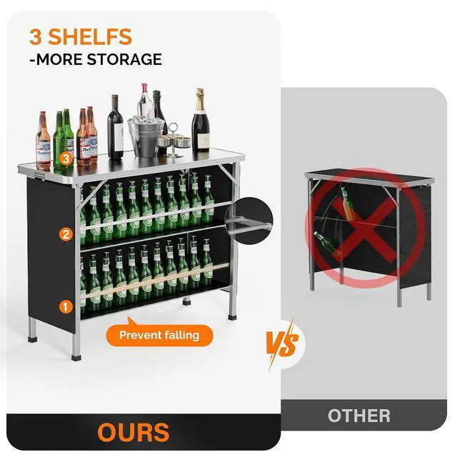Alt view image 4 of 7 - 43" Portable Bar Table, 3-Tier Shelves, Mobile Bar Table for Events, Party, Camping, Picnic, Tradeshow, Indoor with Black Skirt (2, 43")