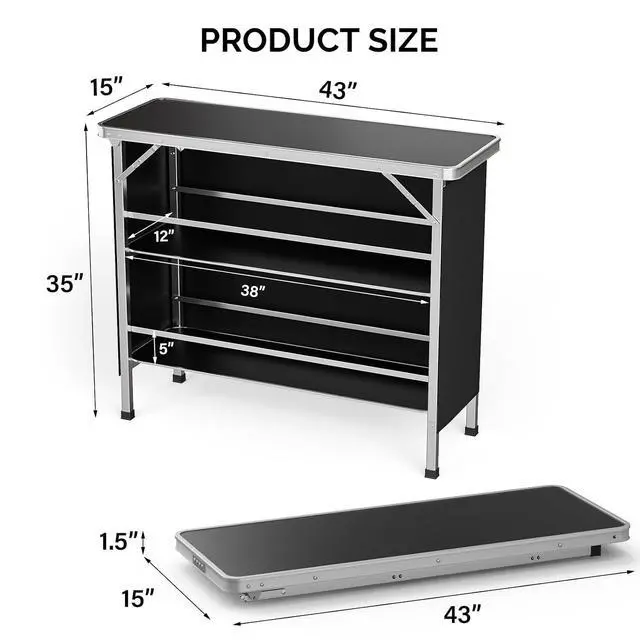 Alt view image 3 of 7 - 43" Portable Bar Table, 3-Tier Shelves, Mobile Bar Table for Events, Party, Camping, Picnic, Tradeshow, Indoor with Black Skirt(1, 43")