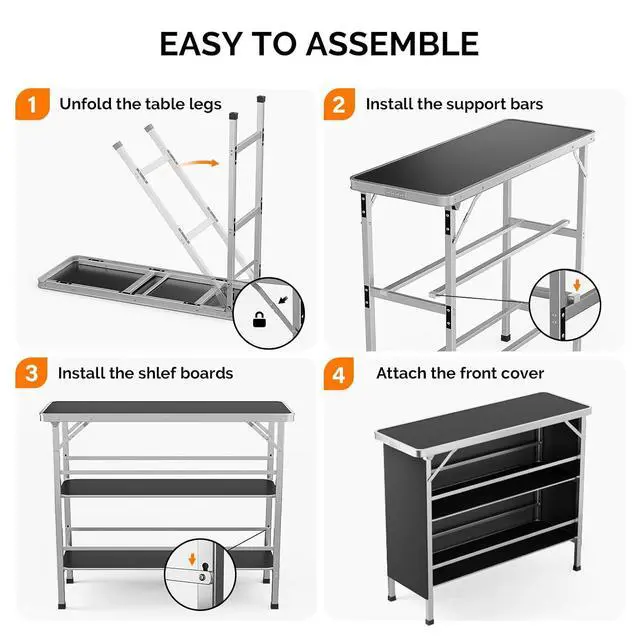 Alt view image 6 of 7 - 43" Portable Bar Table, 3-Tier Shelves, Mobile Bar Table for Events, Party, Camping, Picnic, Tradeshow, Indoor with Black Skirt(1, 43")