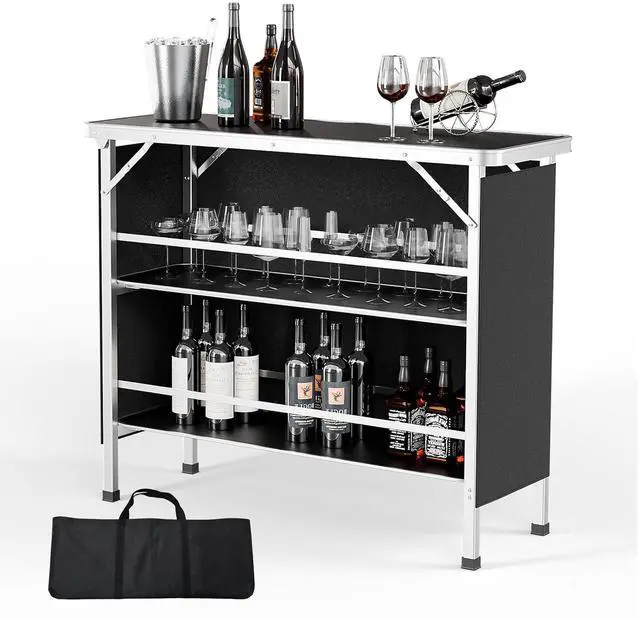 Main image of 43" Portable Bar Table, 3-Tier Shelves, Mobile Bar Table for Events, Party, Camping, Picnic, Tradeshow, Indoor with Black Skirt(1, 43")