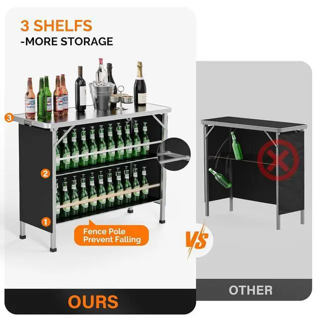 Alt view image 4 of 7 - 43" Portable Bar Table, 3-Tier Shelves, Mobile Bar Table for Events, Party, Camping, Picnic, Tradeshow, Indoor with Black Skirt(1, 43")
