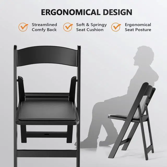 Alt view image 5 of 7 - Black Resin Folding Chair with Padded Cushion, Set of 2, Plastic Foldable Seat for Indoor & Outdoor Use, Comfortable Design for Events, Parties & Home (2, Black, M)