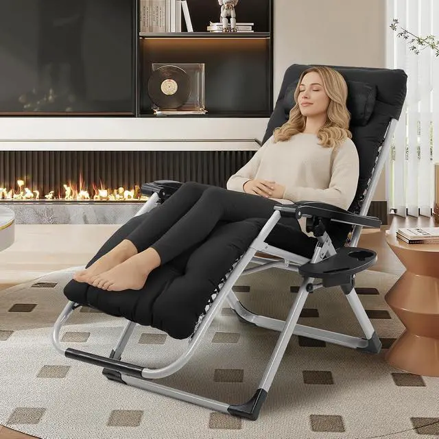 Alt view image 2 of 6 - Padded Zero Gravity Chair, Lounge Chair with Removable Cushion & Tray Folding Reclining Patio Chairs Recliner Chair for LawnIndoor Outdoor-Black