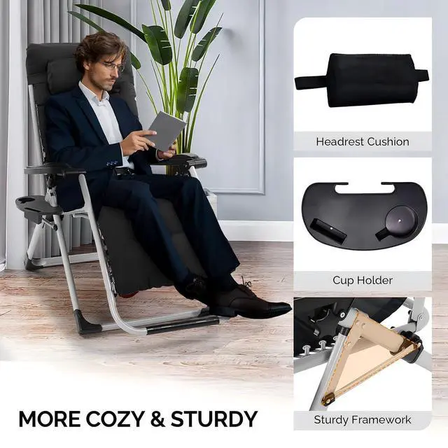 Alt view image 4 of 6 - Padded Zero Gravity Chair, Lounge Chair with Removable Cushion & Tray Folding Reclining Patio Chairs Recliner Chair for LawnIndoor Outdoor-Black