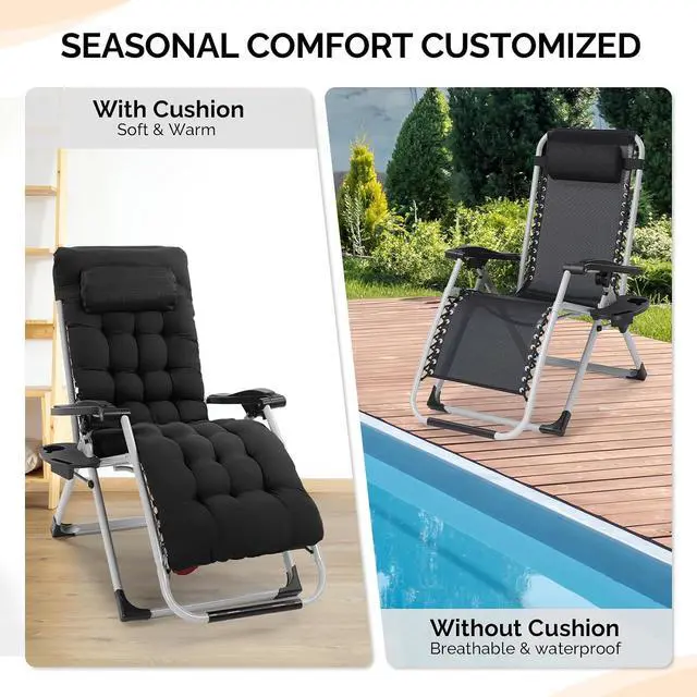 Alt view image 6 of 6 - Padded Zero Gravity Chair, Lounge Chair with Removable Cushion & Tray Folding Reclining Patio Chairs Recliner Chair for LawnIndoor Outdoor-Black
