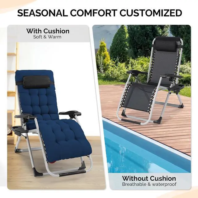 Alt view image 4 of 6 - Padded Zero Gravity Chair, Lounge Chair with Removable Cushion & Tray Folding Reclining Patio Chairs Recliner Chair for LawnIndoor and Outdoor-Blue
