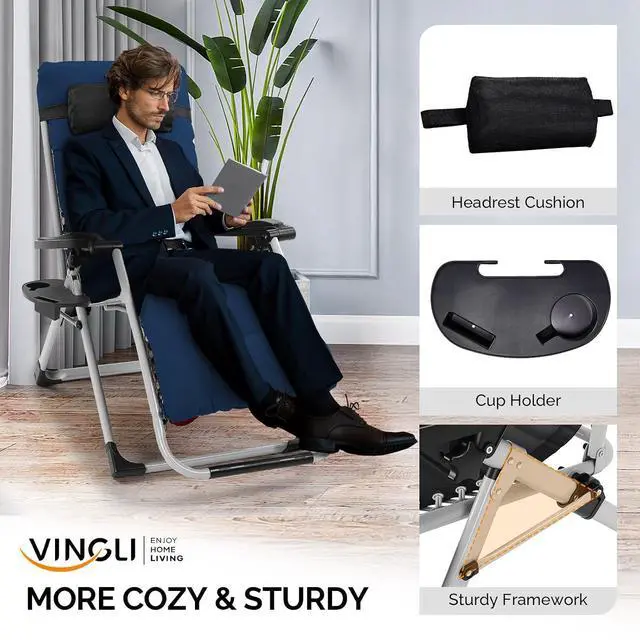 Alt view image 5 of 6 - Padded Zero Gravity Chair, Lounge Chair with Removable Cushion & Tray Folding Reclining Patio Chairs Recliner Chair for LawnIndoor and Outdoor-Blue