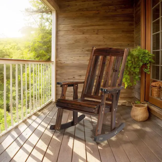 Alt view image 2 of 7 - VINGLI Heavy Duty 600 LBS Outdoor Wooden Rocking Chair with Higher Backrest,Patio Rocking Chair with Ergonomic Design, Weatherproof Outdoor Rockers Suit for Patio, Garden, Balcony, Yard, Rustic