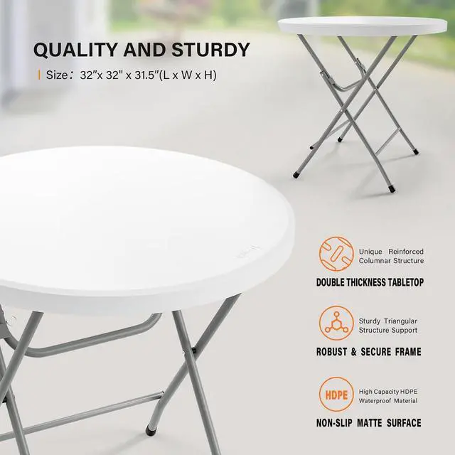 Alt view image 3 of 7 - 32" Round Folding Commercial Banquet Table, Portable Plastic Coffee Card Dining Table for Kitchen or Outdoor Party Wedding Event, 1 Pack, White | Folding