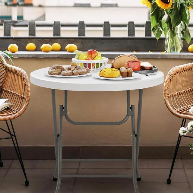 Alt view image 2 of 7 - 32" Round Folding Commercial Banquet Table, Portable Plastic Coffee Card Dining Table for Kitchen or Outdoor Party Wedding Event, 1 Pack, White | Folding