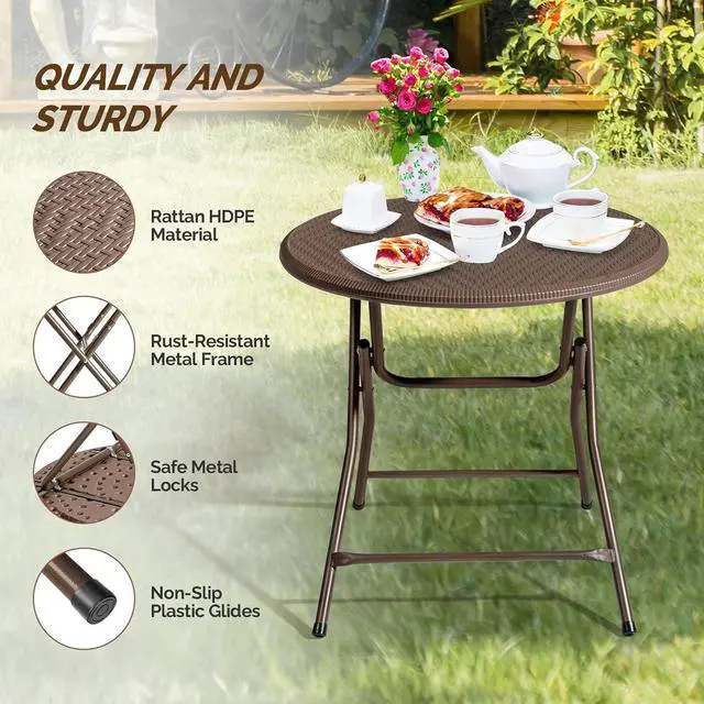 Alt view image 4 of 7 - 32" Round Folding Commercial Banquet Table, Portable Plastic Coffee Card Dining Table for Kitchen or Outdoor Party Wedding Event, 1 Pack, Brown