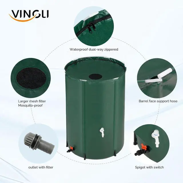 Alt view image 3 of 7 - 100 Gallon Collapsible Rain Barrel, Portable Water Storage Tank, Rainwater Collection System Downspout, Water Catcher Container with Filter Spigot Overflow Kit