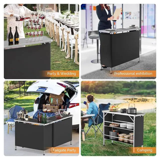 Alt view image 7 of 7 - 43" Portable Bar Table, 3-Tier Shelves, Mobile Bar Table for Events, Party, Camping, Picnic, Tradeshow, Indoor with Black Skirt(1, 43")