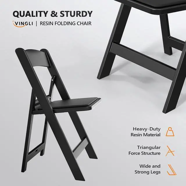 Alt view image 3 of 7 - Black Resin Folding Chair with Padded Cushion, Set of 2, Plastic Foldable Seat for Indoor & Outdoor Use, Comfortable Design for Events, Parties & Home (2, Black, M)