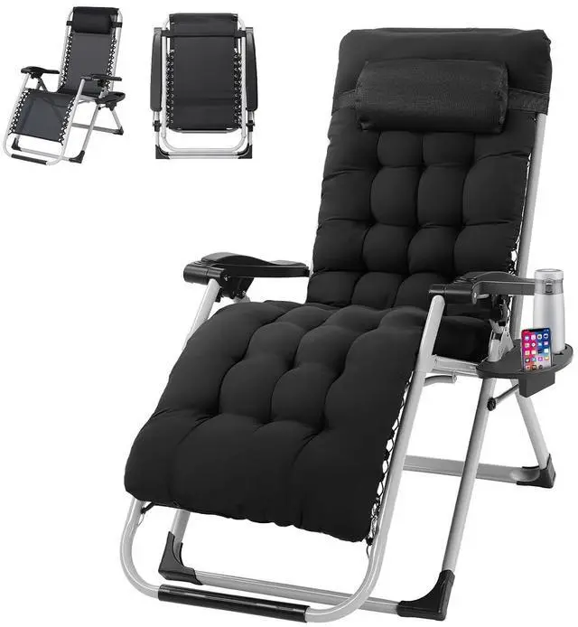 Main image of Padded Zero Gravity Chair, Lounge Chair with Removable Cushion & Tray Folding Reclining Patio Chairs Recliner Chair for LawnIndoor Outdoor-Black