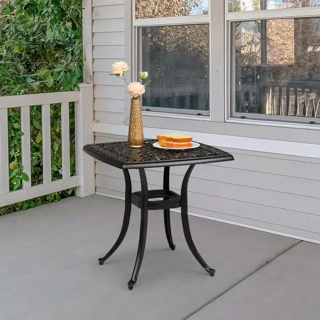 Alt view image 6 of 6 - VINGLI 21" Cast Aluminum Outdoor Side Table with Umbrella Hole, All Weather Patio Side Table Bistro Table for Balcony, Yard and Porch (Black)