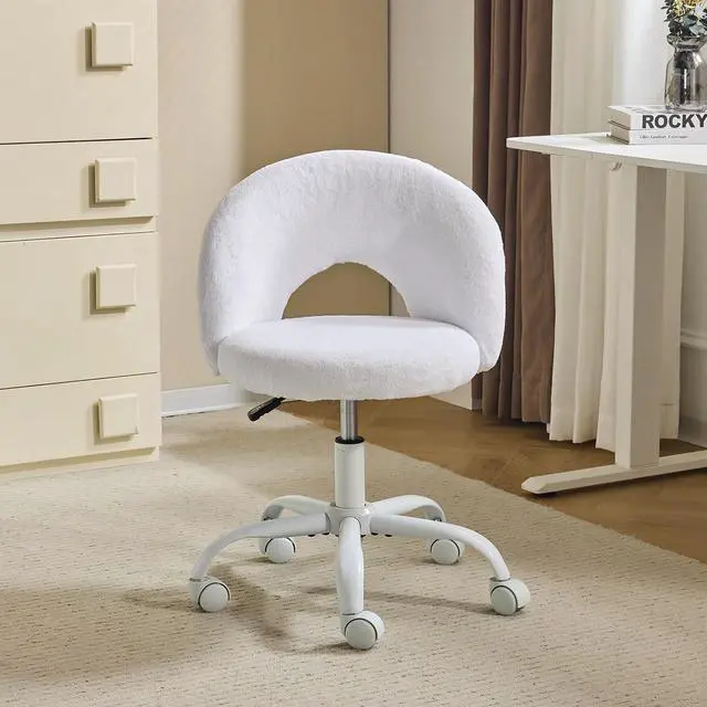 Main image of Small Vanity Chair with Faux Fur Wheels for Girls,Cute Adjustable Height Armless Office Desk Chair,360°Swivel Comfy Rolling for Study,Make up Room,Small Space,White