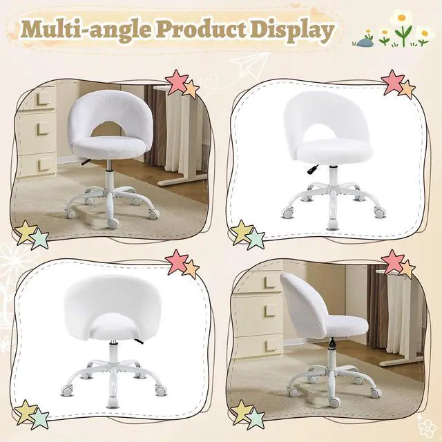 Alt view image 3 of 7 - Small Vanity Chair with Faux Fur Wheels for Girls,Cute Adjustable Height Armless Office Desk Chair,360°Swivel Comfy Rolling for Study,Make up Room,Small Space,White
