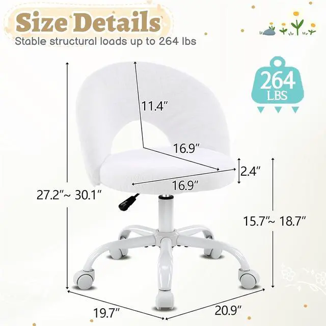 Alt view image 2 of 7 - Small Vanity Chair with Faux Fur Wheels for Girls,Cute Adjustable Height Armless Office Desk Chair,360°Swivel Comfy Rolling for Study,Make up Room,Small Space,White