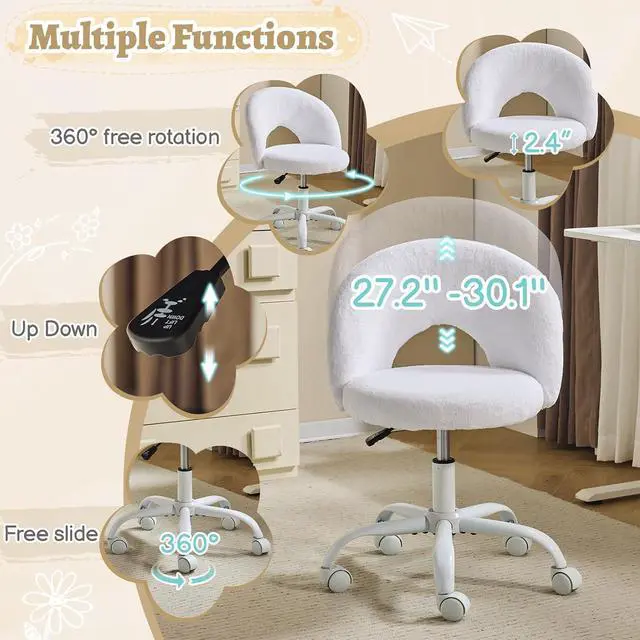 Alt view image 4 of 7 - Small Vanity Chair with Faux Fur Wheels for Girls,Cute Adjustable Height Armless Office Desk Chair,360°Swivel Comfy Rolling for Study,Make up Room,Small Space,White