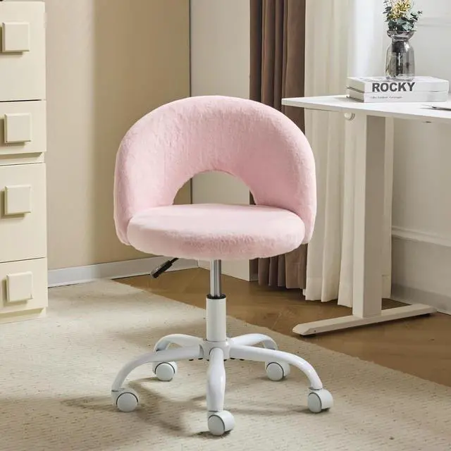 Main image of Small Vanity Chair with Faux Fur Wheels for Girls,Cute Adjustable Height Armless Office Desk Chair,360°Swivel Comfy Rolling for Study,Make up Room,Small Space,Light Pink
