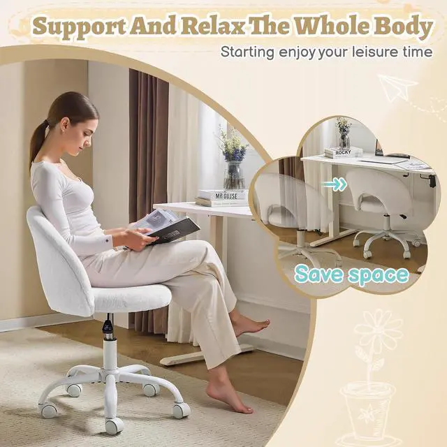 Alt view image 5 of 7 - Small Vanity Chair with Faux Fur Wheels for Girls,Cute Adjustable Height Armless Office Desk Chair,360°Swivel Comfy Rolling for Study,Make up Room,Small Space,White