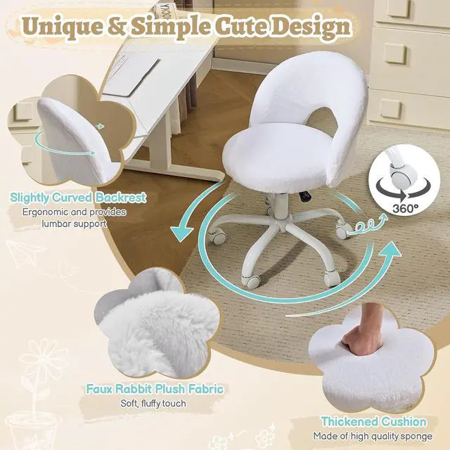 Alt view image 6 of 7 - Small Vanity Chair with Faux Fur Wheels for Girls,Cute Adjustable Height Armless Office Desk Chair,360°Swivel Comfy Rolling for Study,Make up Room,Small Space,White