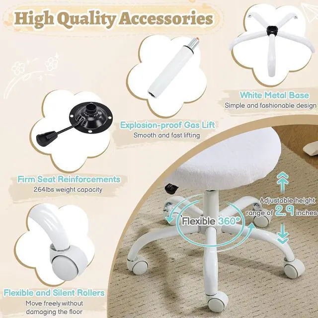 Alt view image 7 of 7 - Small Vanity Chair with Faux Fur Wheels for Girls,Cute Adjustable Height Armless Office Desk Chair,360°Swivel Comfy Rolling for Study,Make up Room,Small Space,White
