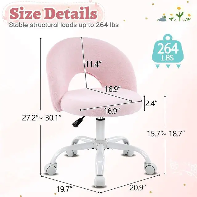 Alt view image 2 of 7 - Small Vanity Chair with Faux Fur Wheels for Girls,Cute Adjustable Height Armless Office Desk Chair,360°Swivel Comfy Rolling for Study,Make up Room,Small Space,Light Pink