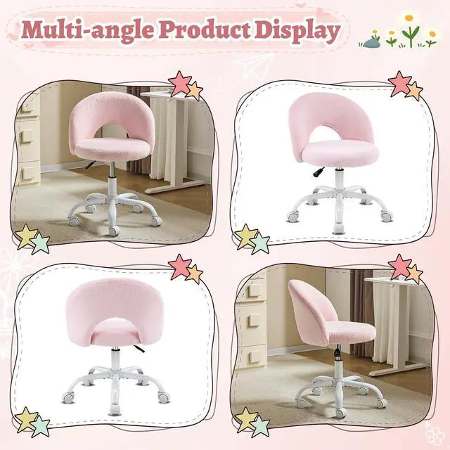 Alt view image 3 of 7 - Small Vanity Chair with Faux Fur Wheels for Girls,Cute Adjustable Height Armless Office Desk Chair,360°Swivel Comfy Rolling for Study,Make up Room,Small Space,Light Pink