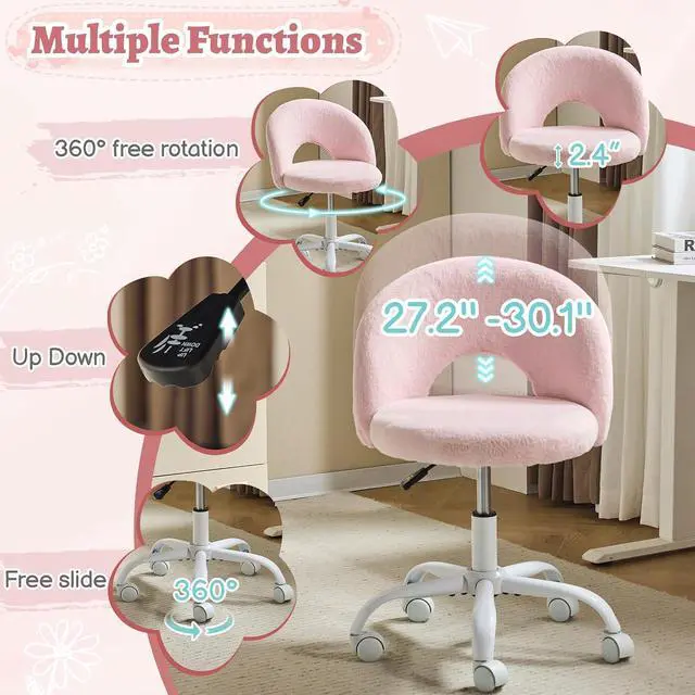 Alt view image 4 of 7 - Small Vanity Chair with Faux Fur Wheels for Girls,Cute Adjustable Height Armless Office Desk Chair,360°Swivel Comfy Rolling for Study,Make up Room,Small Space,Light Pink