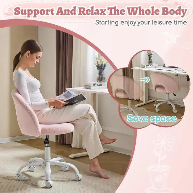 Alt view image 5 of 7 - Small Vanity Chair with Faux Fur Wheels for Girls,Cute Adjustable Height Armless Office Desk Chair,360°Swivel Comfy Rolling for Study,Make up Room,Small Space,Light Pink