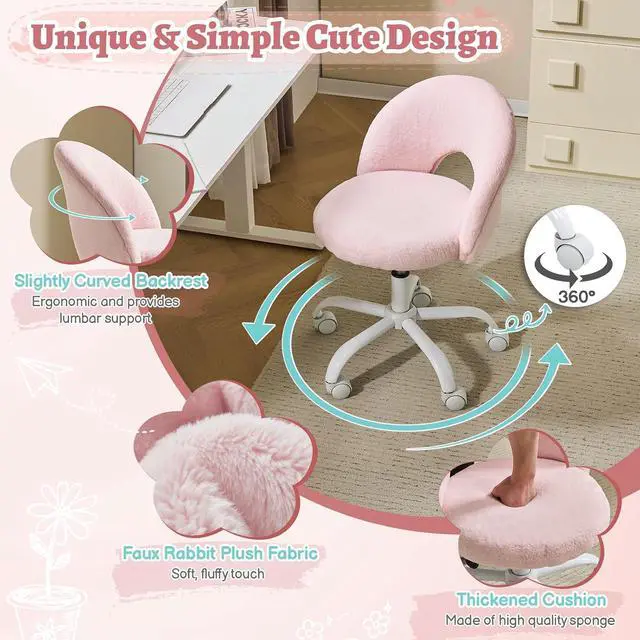 Alt view image 6 of 7 - Small Vanity Chair with Faux Fur Wheels for Girls,Cute Adjustable Height Armless Office Desk Chair,360°Swivel Comfy Rolling for Study,Make up Room,Small Space,Light Pink