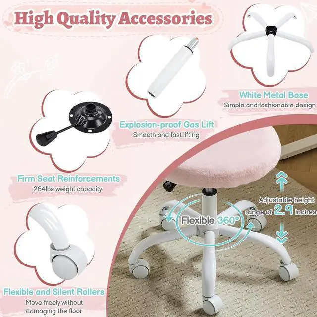 Alt view image 7 of 7 - Small Vanity Chair with Faux Fur Wheels for Girls,Cute Adjustable Height Armless Office Desk Chair,360°Swivel Comfy Rolling for Study,Make up Room,Small Space,Light Pink