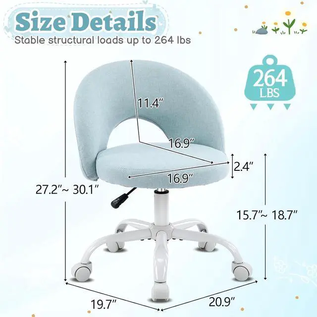 Alt view image 2 of 7 - Small Vanity Chair with Wheels for Girls.Cute Modern Adjustable Height Armless Office Desk Chair.360°Swivel Comfy Rolling Chair for Study, Make up Room,Small Space,Linen Light Blue