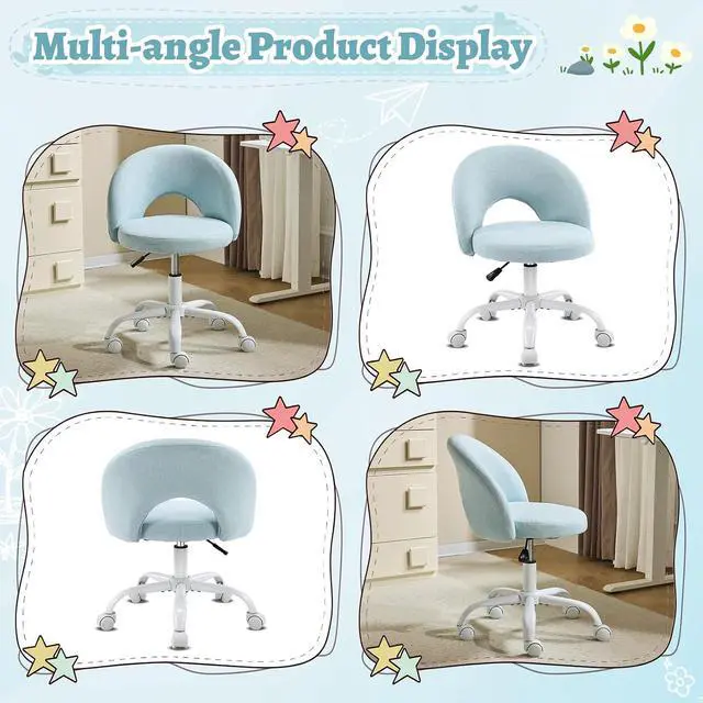 Alt view image 3 of 7 - Small Vanity Chair with Wheels for Girls.Cute Modern Adjustable Height Armless Office Desk Chair.360°Swivel Comfy Rolling Chair for Study, Make up Room,Small Space,Linen Light Blue