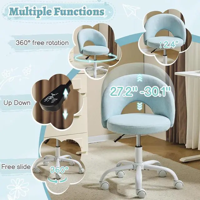 Alt view image 4 of 7 - Small Vanity Chair with Wheels for Girls.Cute Modern Adjustable Height Armless Office Desk Chair.360°Swivel Comfy Rolling Chair for Study, Make up Room,Small Space,Linen Light Blue